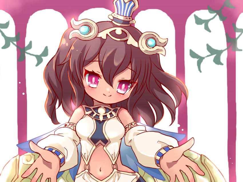 blue_wings, breasts, brown_hair, dark_skin, detached_sleeves, emil_chronicle_online, hair_ornament, highres, incoming_hug, isis_(eco), kurosaki_yomi, medium_breasts, midriff, navel, red_eyes, smile, two_side_up, white_sleeves, wings