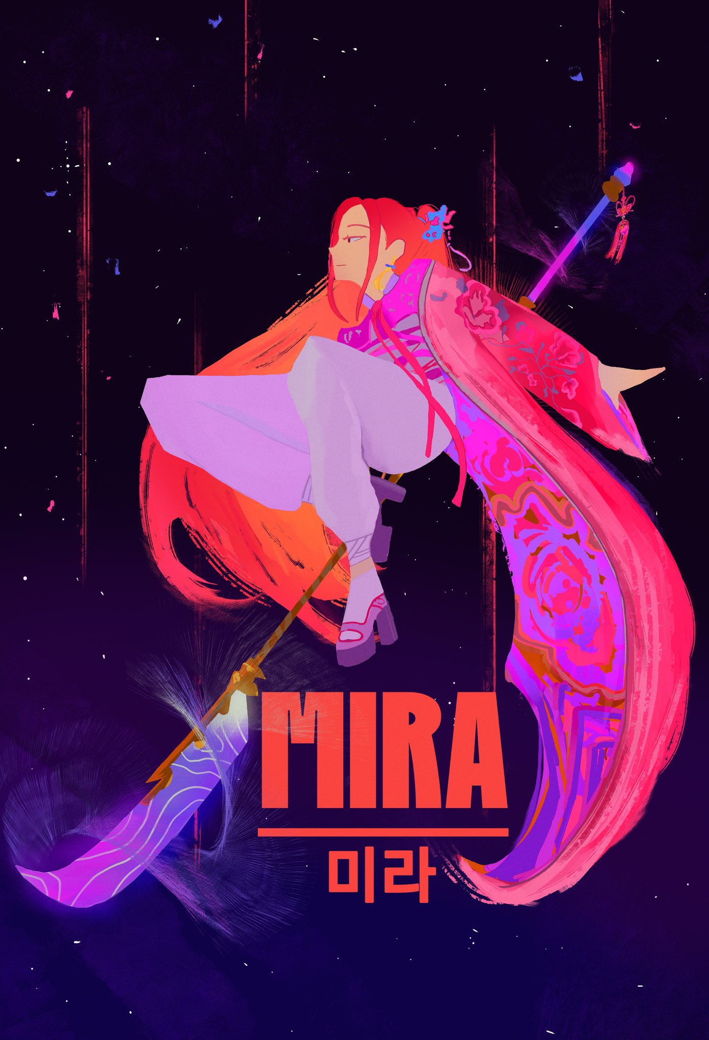 1girl, highres, holding, holding_weapon, korean_clothes, kpop_demon_hunters, long_hair, mira_(kpop_demon_hunters), pants, pink_hair, pink_robe, robe, solo, star_(sky), starry_sky_background, twintails, weapon, white_pants, xin_cere_art