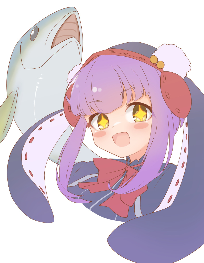 1girl, absurdres, animal_hood, blue_jacket, blush_stickers, emil_chronicle_online, fish, highres