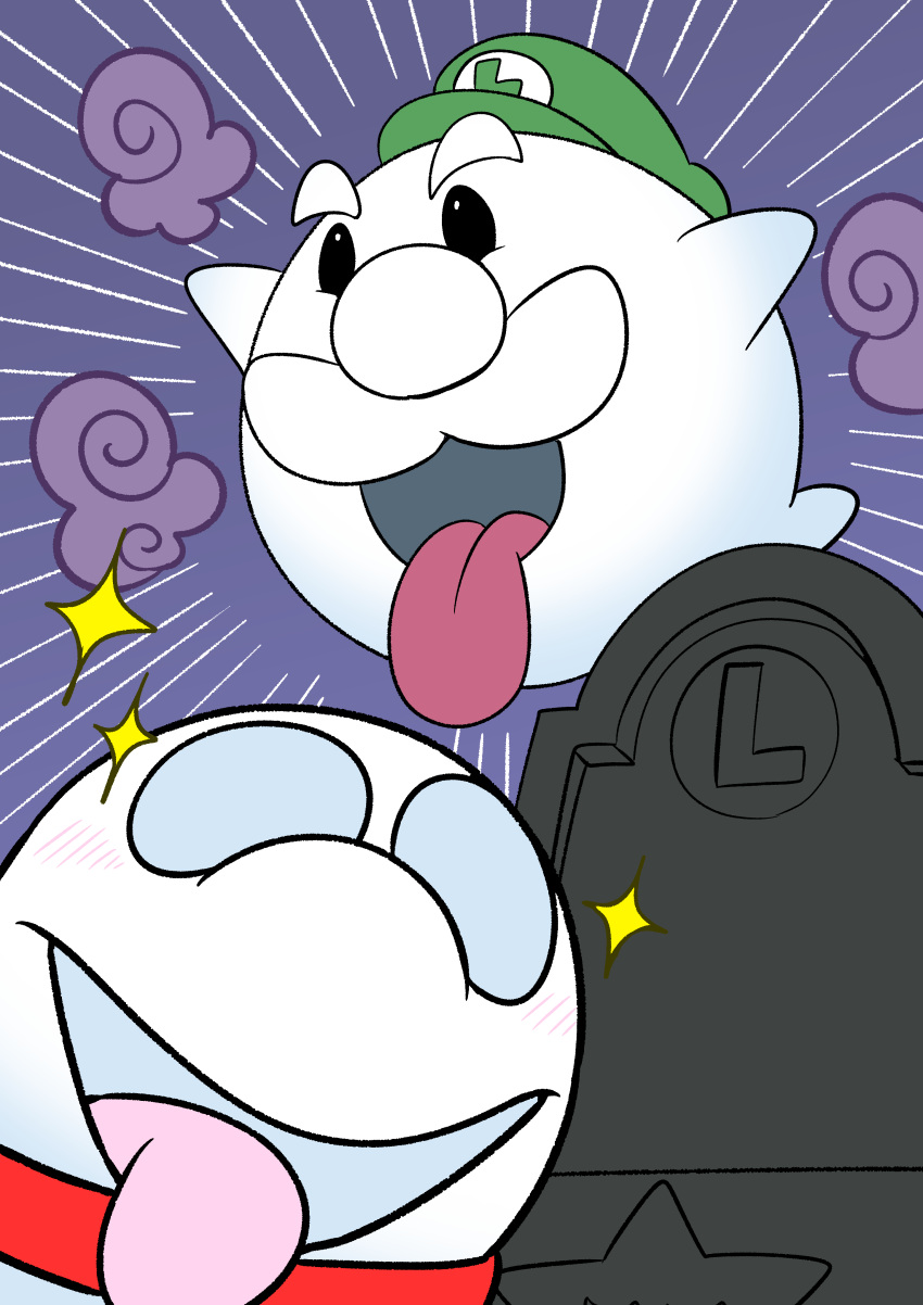 absurdres, animal_collar, blush, boo_luigi, collar, emphasis_lines, facial_hair, ghost, hat, highres, kaberokun, luigi's_mansion, mustache, polterpup, sparkle, super_mario_bros., tombstone, tongue, tongue_out
