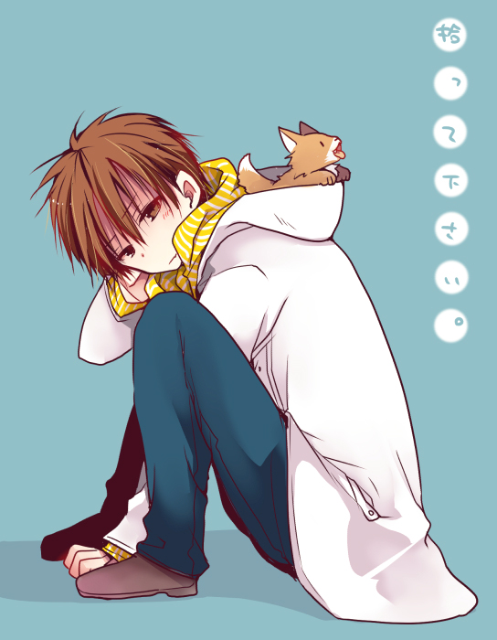 1boy, blush, brown_eyes, brown_hair, ever_17, hibiki_mio, hood, hooded_jacket
