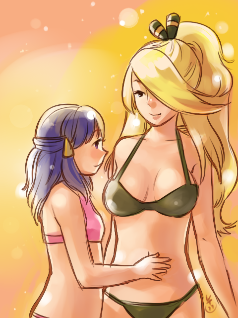 age_difference, alternate_hairstyle, bikini, blonde_hair, blue_hair, blush, breasts, hair_ornament