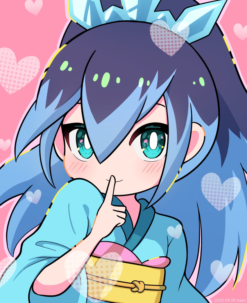 1girl, blue_eyes, blue_hair, blue_kimono, blush, bright_pupils, finger_to_mouth, fubukihime, haz_hazn, heart, highres, japanese_clothes, kimono, long_hair, looking_at_viewer, pink_background, solo, white_pupils, youkai_(youkai_watch), youkai_watch