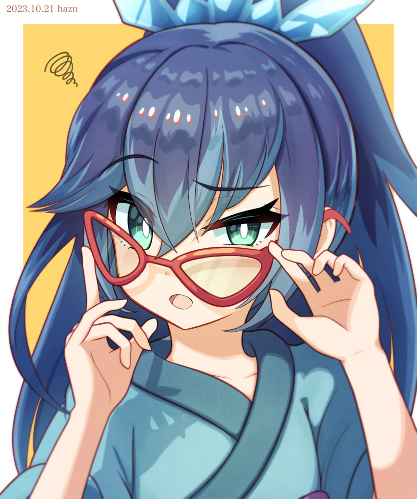 1girl, artist_name, blue_eyes, blue_kimono, bright_pupils, dated, fubukihime, glasses