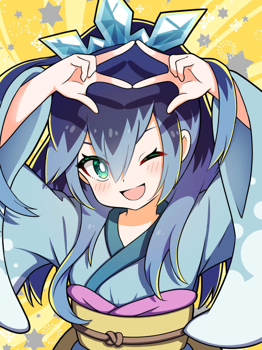 1girl, arms_up, blue_eyes, blue_kimono, blush, fubukihime, green_eyes, haz_hazn