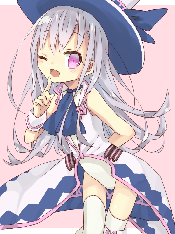arms_behind_back, bare_shoulders, blue_necktie, emil_chronicle_online, finger_to_mouth, hat, hat_ribbon, jacket