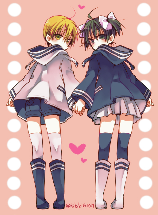 1boy, 1girl, black_hair, blonde_hair, blush, bow, brother_and_sister, clip_studio_paint_(medium), ever_17, hair_bow, heart, hibiki_mio, hokuto_(ever_17), holding_hands, hood, hooded_jacket, jacket, looking_back, matsunaga_sara, short_hair, short_twintails, shorts, siblings, skirt, twintails