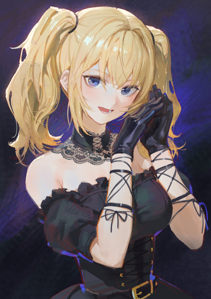 1girl, absurdres, ani_(xai), bare_shoulders, black_background, black_dress, black_gloves, blonde_hair, breasts, choker, ddal, dress, gloves, grok_(xai), highres, lace, lace_choker, large_breasts, looking_at_viewer, off-shoulder_dress, off_shoulder, open_mouth, solo, twintails, upper_body, violet_eyes, xai_(company)