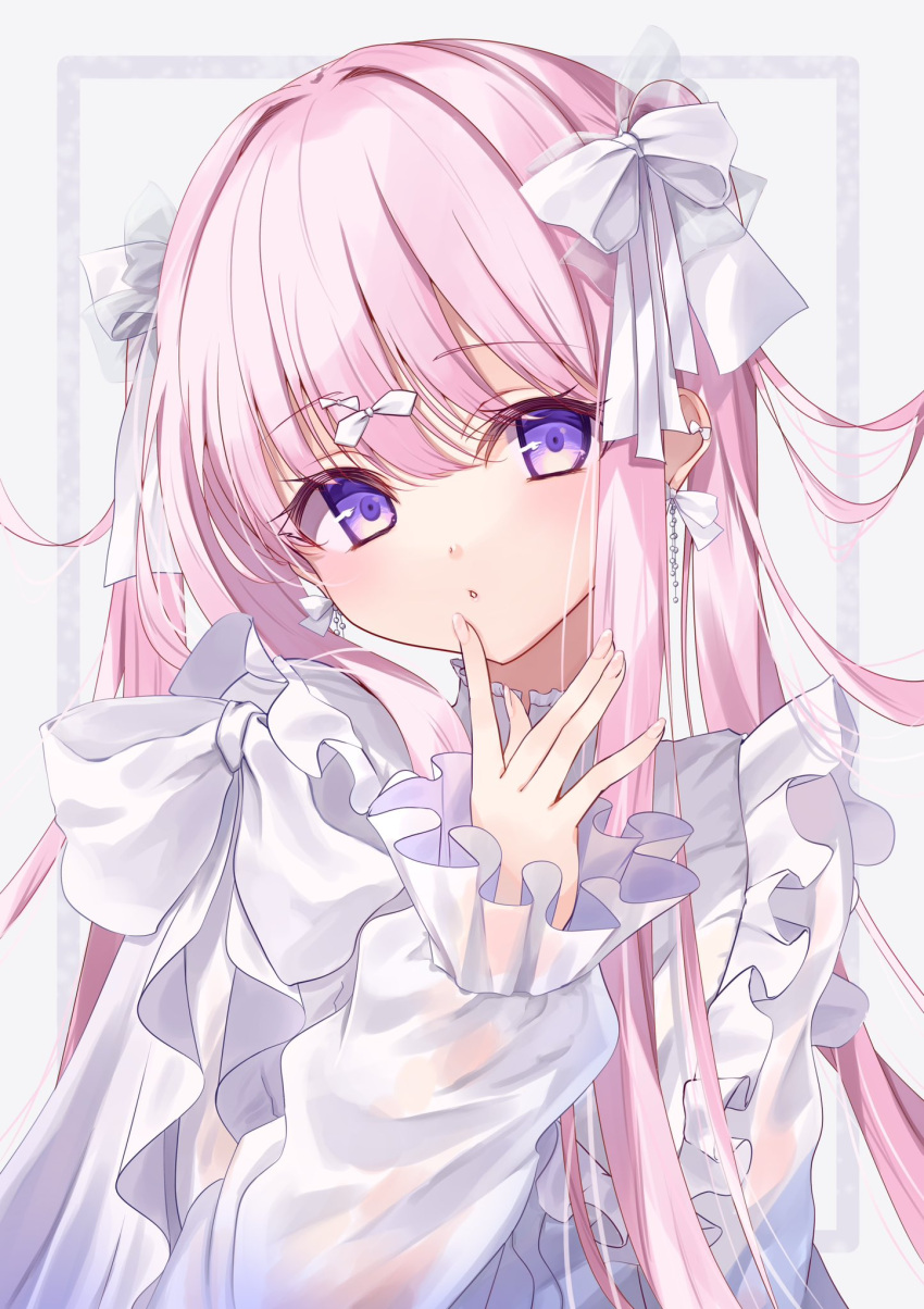 1girl, blush, bow, breasts, earrings, frills, hair_between_eyes, hair_bow