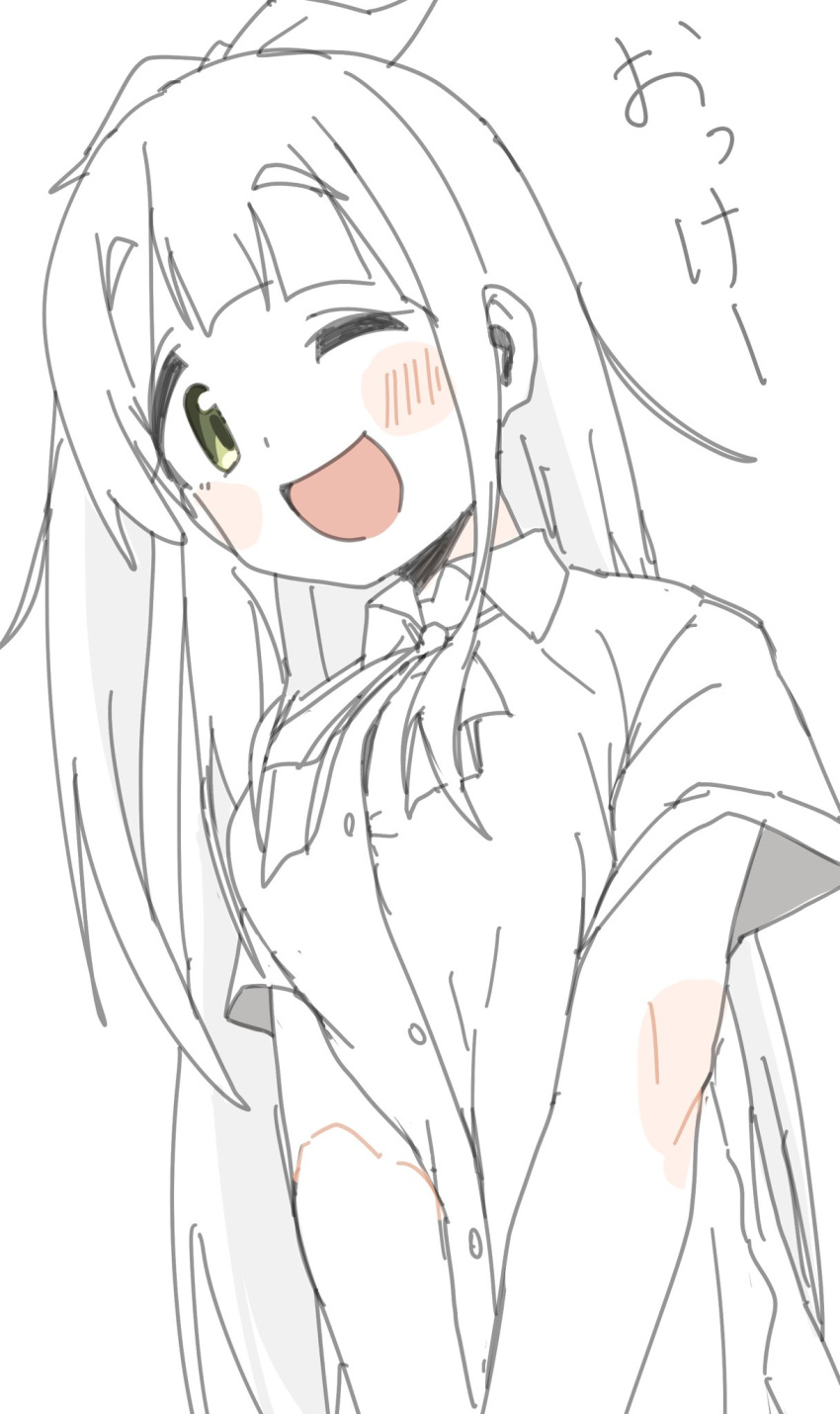 1girl, 4uys, ;d, blush, bow, green_eyes, hair_ribbon, highres