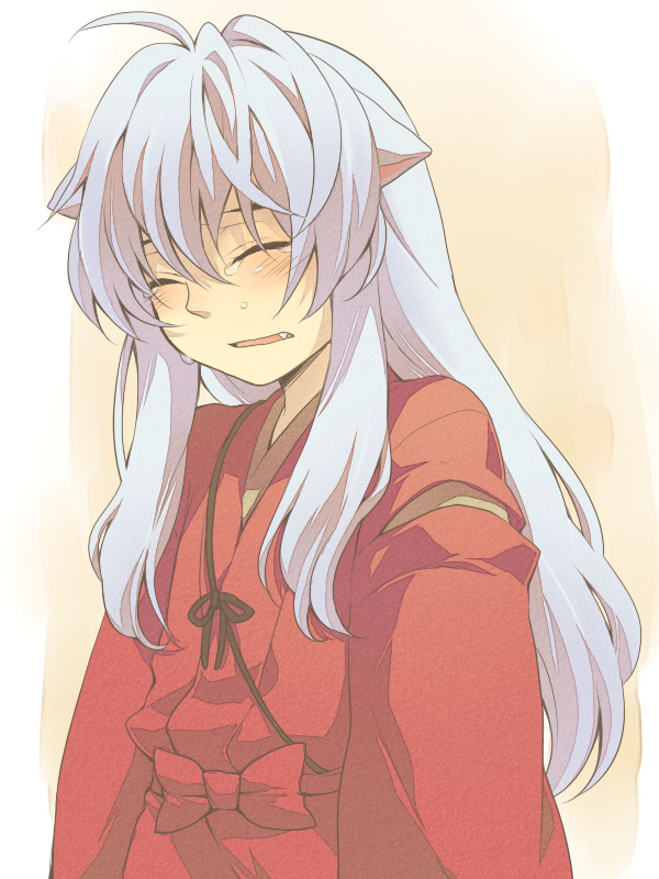 animal_ears, closed_eyes, dog_ears, eyes_closed, fang, inuyasha, inuyasha_(character), japanese_clothes