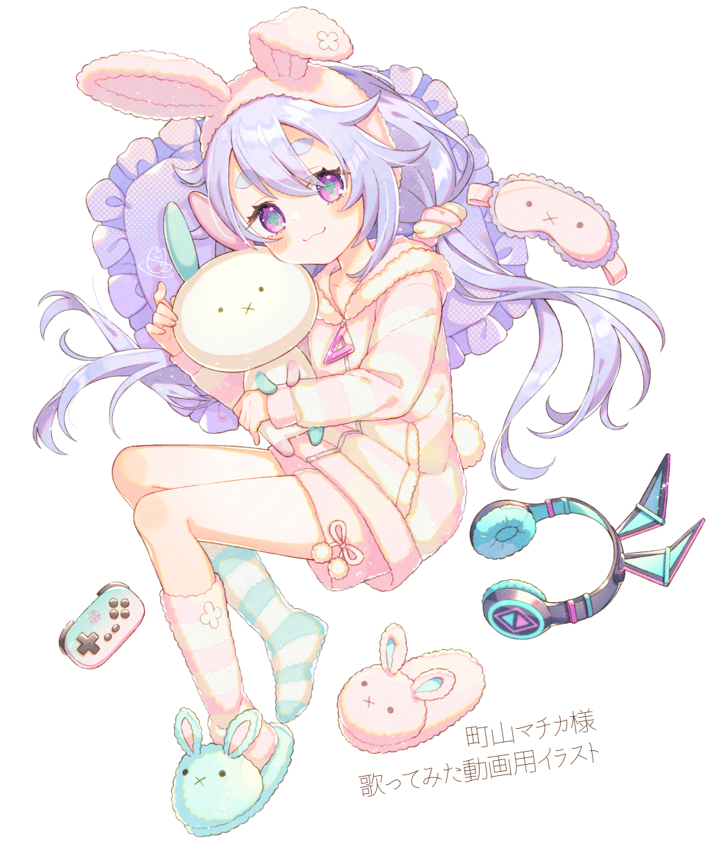 1girl, :3, animal_ear_hairband, animal_ears, asymmetrical_footwear, asymmetrical_legwear, blush, closed_mouth, commentary_request, commission, controller, fake_animal_ears, frilled_pillow, frills, game_controller, green_slippers, green_socks, hairband, headphones, highres, holding, holding_stuffed_toy, hood, hood_down, hoodie, indie_virtual_youtuber, long_hair, long_sleeves, looking_at_viewer, matchyama_matchka, mismatched_footwear, mismatched_legwear, official_art, pillow, pink_eyes, pink_shorts, pink_slippers, pink_socks, purple_hair, rabbit_ear_hairband, rabbit_ears, shorts, shuu_(syuuuuuuuuuu), simple_background, sleep_mask, slippers, smile, socks, solo, striped_clothes, striped_hoodie, striped_socks, stuffed_animal, stuffed_rabbit, stuffed_toy, thick_eyebrows, translation_request, virtual_youtuber, white_background