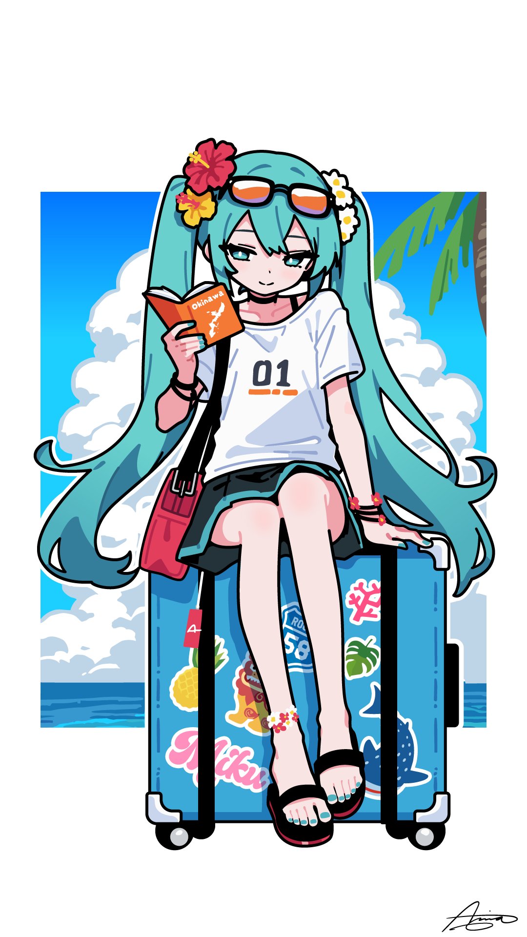 ameniwa, anklet, armlet, bag, book, collarbone, eyewear_on_head, flower
