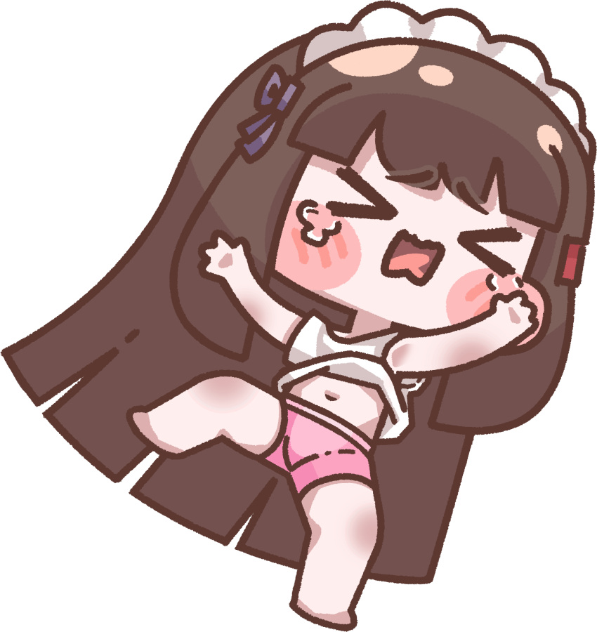 >_<, 1girl, blush_stickers, brown_hair, chibi, hair_ribbon, highres, ireina_(last_origin), ireina_(last_origin)_cosplay, last_origin, long_hair, maid_headdress, metalp, navel, ribbon, scissors_lise, shirt, shorts, solo, tantrum, tearing_up, transparent_background, very_long_hair, white_shirt