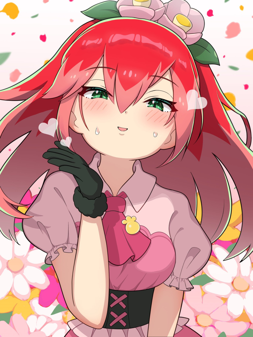 1girl, alternate_costume, black_gloves, blush, dress, flower, gloves, green_eyes