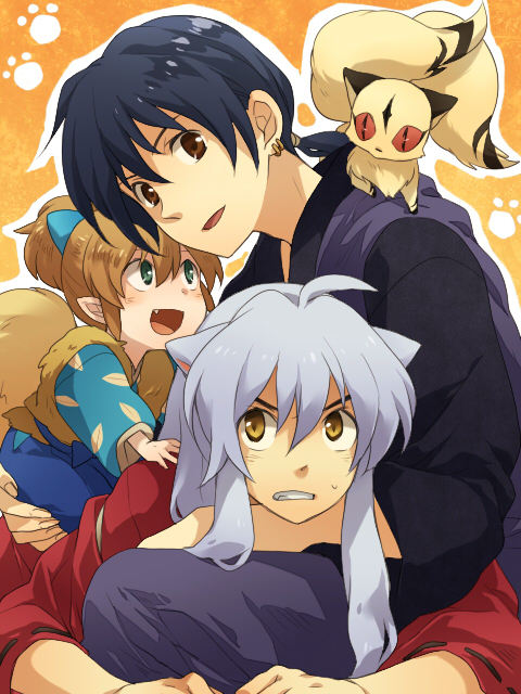 animal_ears, black_hair, brown_eyes, brown_hair, dog_ears, fang, fox_tail, grey_hair
