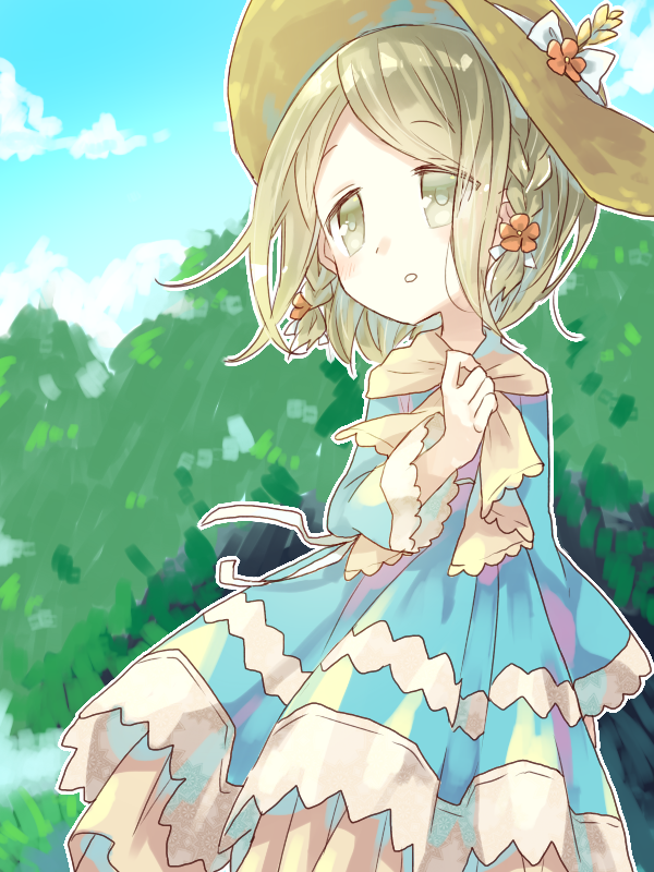 1girl, blonde_hair, bow, braid, dress, emil_chronicle_online, flower, forest, green_dress, hair_bow, hair_flower, hair_ornament, hat, hat_flower, nature, scarf, shinomaru_hajime, starler_alma, straw_hat, yellow_eyes