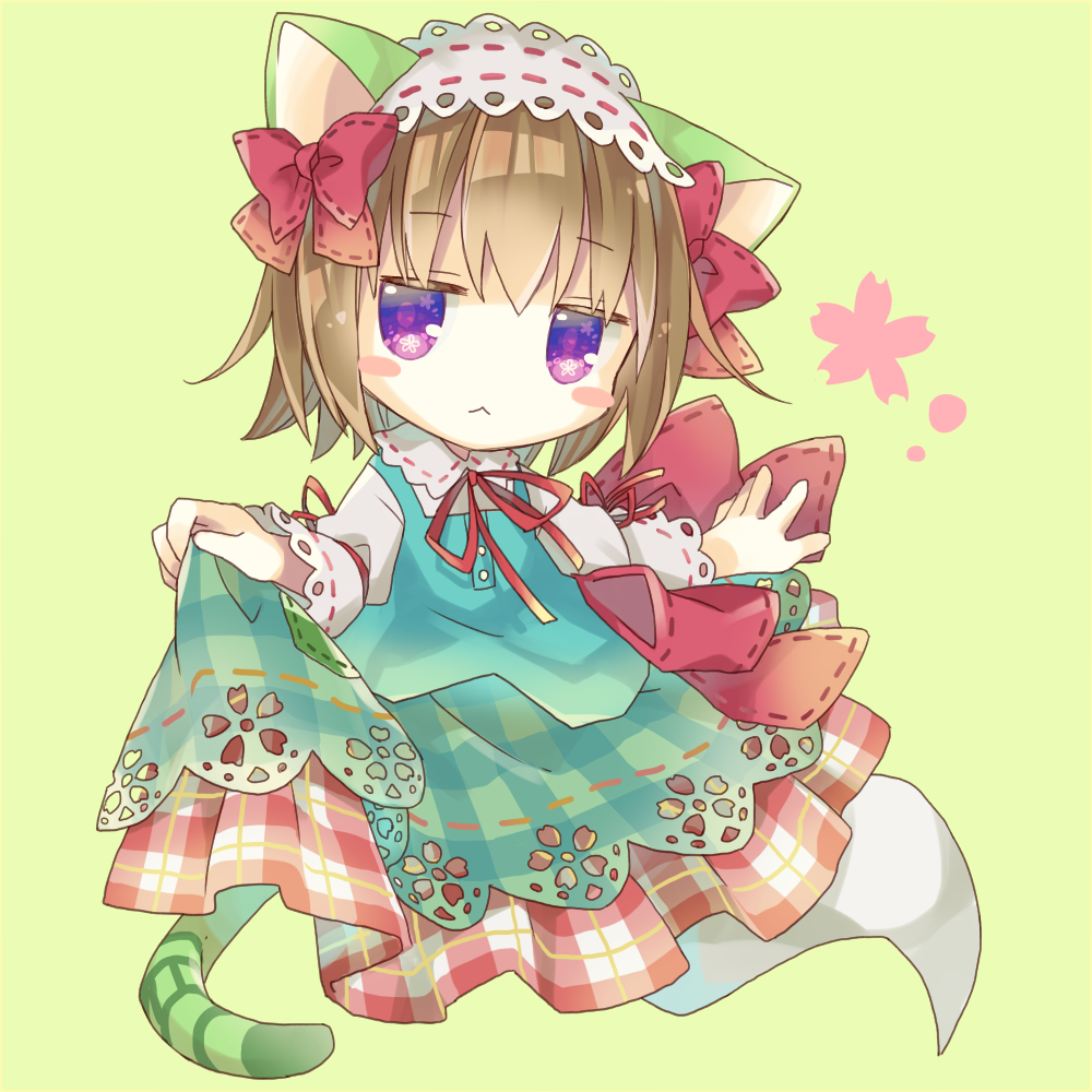 1girl, animal_ears, apron, blush_stickers, brown_hair, cat_ears, cat_tail, emil_chronicle_online