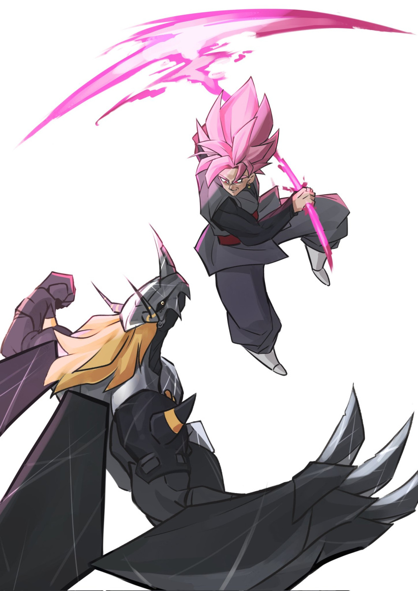 armor, black_armor, black_pants, black_shirt, black_skin, blackwargreymon, blonde_hair, claw_(weapon)