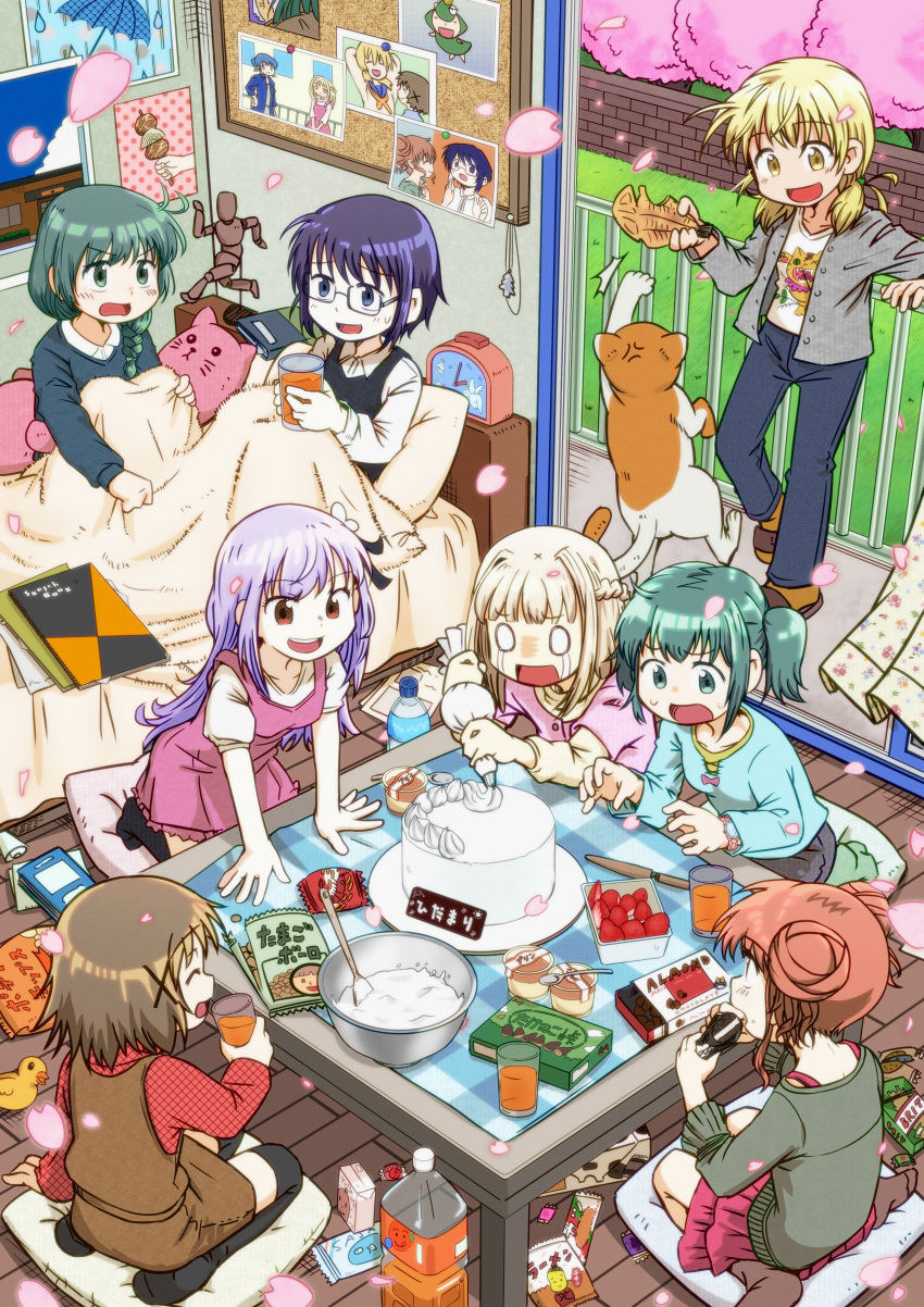 6+girls, absurdres, alarm_clock, baking, braid, cake, cat, cherry_blossoms, clock, collared_shirt, commentary, crying, double_bun, dress, dried_fish, food, fruit, glasses, hair_bun, hair_ornament, hands_on_table, hidamari_sketch, highres, hiro_(hidamari_sketch), juice, matsuri_(hidamari_sketch), miyako_(hidamari_sketch), multiple_girls, natsume_(hidamari_sketch), nazuna_(hidamari_sketch), nori_(hidamari_sketch), okai_(pixiv6333), orange_juice, pet, photo_(object), pinafore_dress, rubber_duck, sae_(hidamari_sketch), seiza, shared_blanket, shirt, side_braid, sitting, sketchbook, sleeveless, sleeveless_dress, snack, strawberry, streaming_tears, stuffed_animal, stuffed_toy, t-shirt, tears, twintails, ume-sensei, wariza, x_hair_ornament, yuno_(hidamari_sketch)