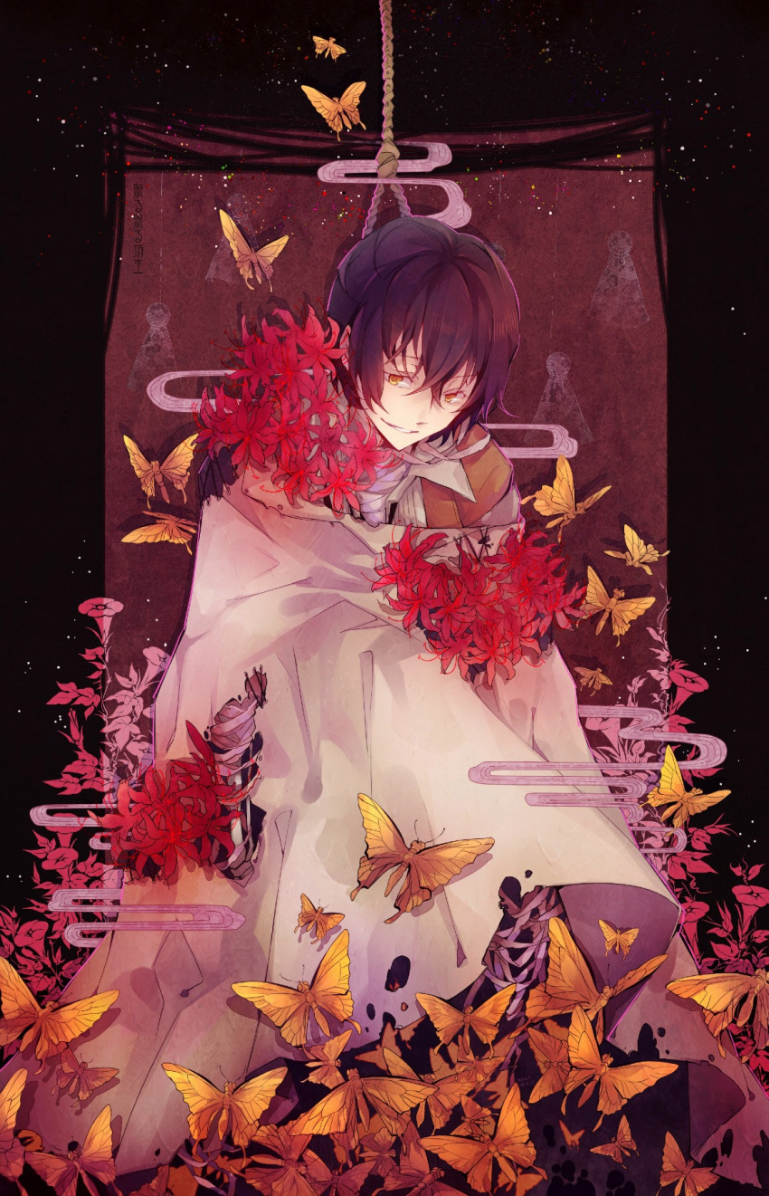 1boy, bandaged_neck, bandages, black_border, black_hair, border, brown_coat, bug, bungou_stray_dogs, butterfly, cloak, coat, collared_shirt, cowboy_shot, dazai_osamu_(bungou_stray_dogs), egasumi, eveshut, flower, flower_on_chest, flower_on_shoulder, hair_between_eyes, hanged, highres, looking_at_viewer, male_focus, morning_glory, noose, outside_border, parted_lips, red_background, red_flower, red_spider_lily, rope_around_neck, shirt, short_hair, skeletal_arm, smile, solo, spider_lily, teruterubouzu, white_cloak, white_shirt, yellow_butterfly, yellow_eyes