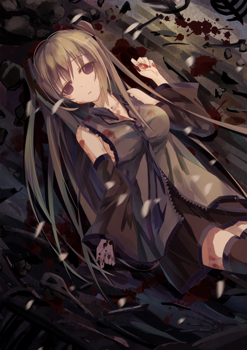 1girl, blank_stare, blood, blood_on_hands, detached_sleeves, exposed_shoulders, green_hair, hatsune_miku