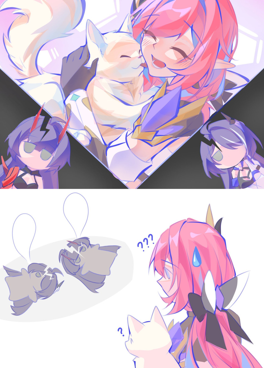 3girls, ?, acheron_(honkai:_star_rail), animal, cat, color_connection, commentary, elf, elysia_(honkai_impact), elysia_(miss_pink_elf)_(honkai_impact), english_commentary, giving_up_the_ghost, hair_color_connection, highres, holding, holding_animal, honkai:_star_rail, honkai_(series), honkai_impact_3rd, horns, long_hair, lu_cas83, multiple_girls, name_connection, pink_hair, pointy_ears, purple_hair, raiden_mei, raiden_mei_(herrscher_of_thunder), red_horns, sawashiro_miyuki, smile, sweatdrop, voice_actor_connection