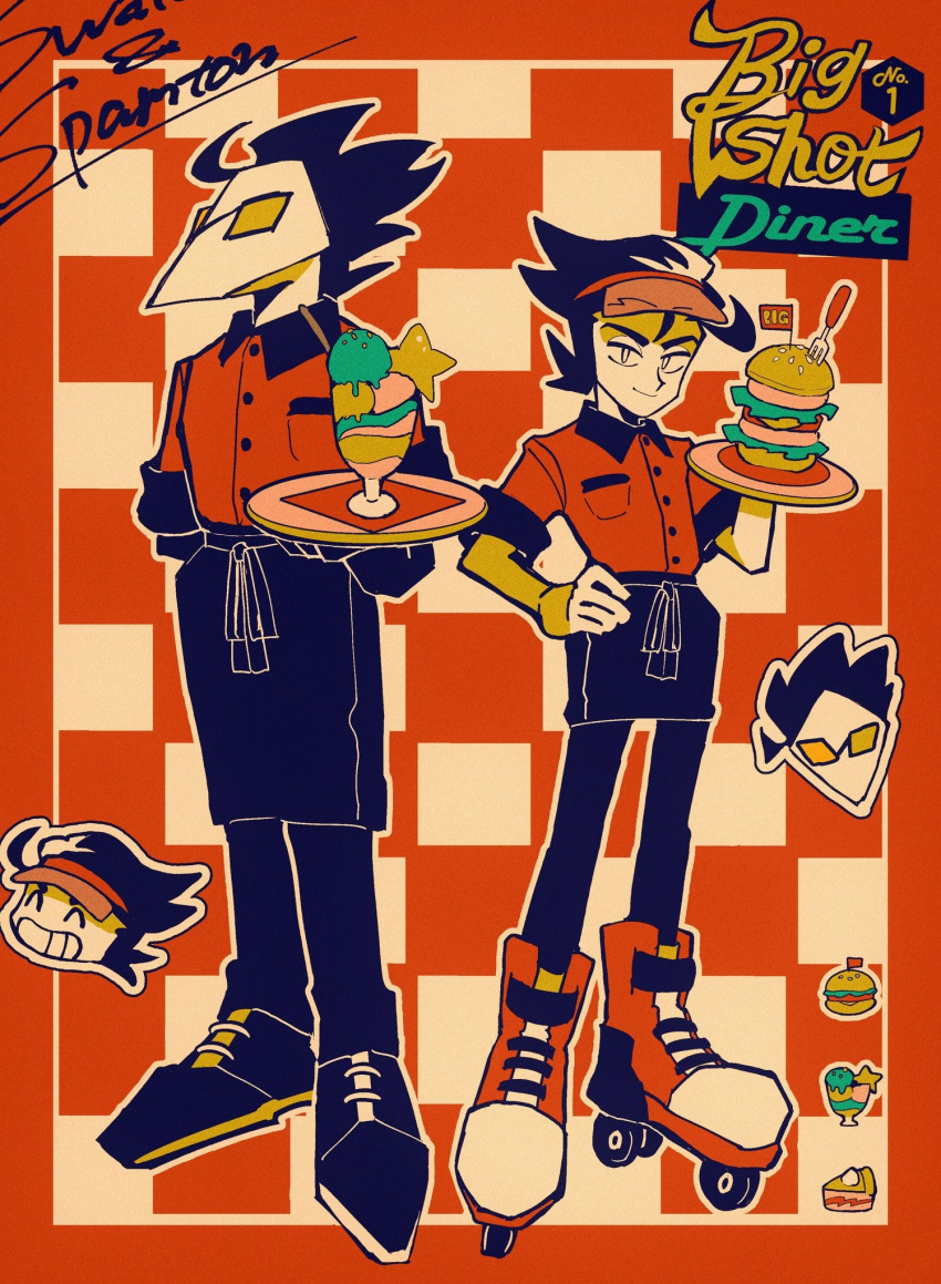 burger, colored_skin, deltarune, english_text, food, grin, hair_slicked_back, highres