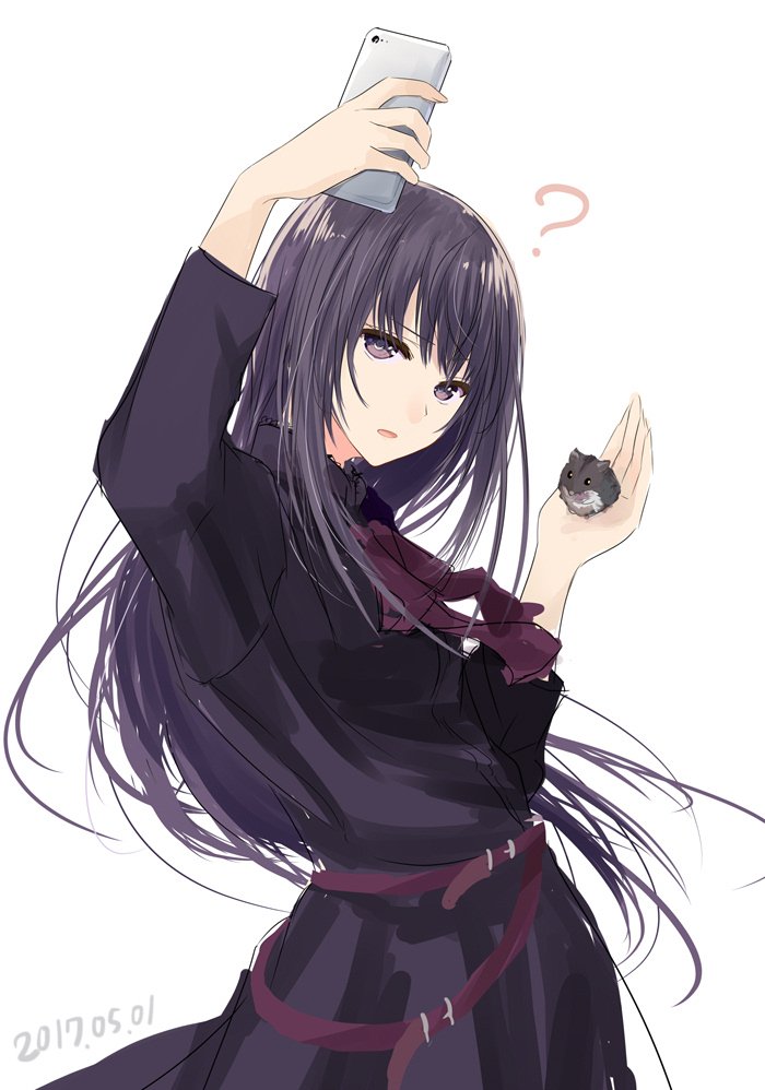 1girl, ?, black_dress, black_hair, bow, chami_(ever_17), chef_no_kimagure_salad, dress