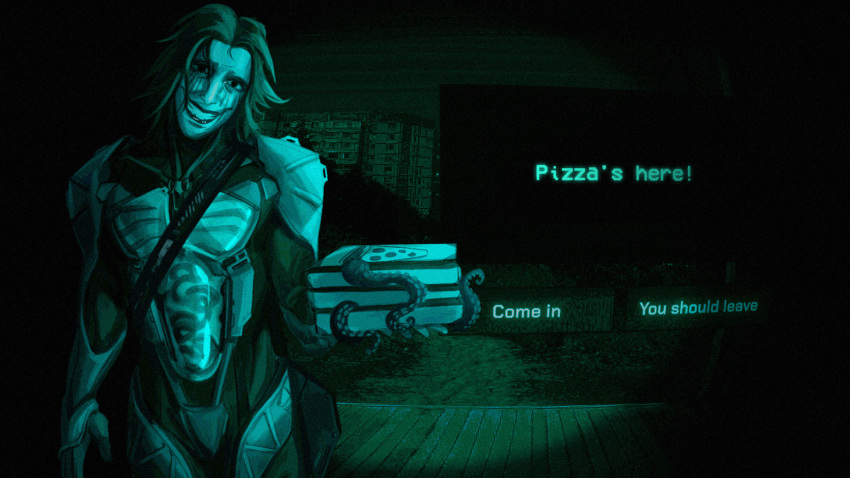 armor, building, darshur, death_stranding, dialogue_options, english_text, food, glasgow_smile, green_theme, head_tilt, higgs_(death_stranding), highres, holding, holding_food, holding_pizza, incoming_gift, limited_palette, looking_at_viewer, medium_hair, no_i'm_not_a_human, pizza, pizza_box, strap, tentacles, wooden_porch