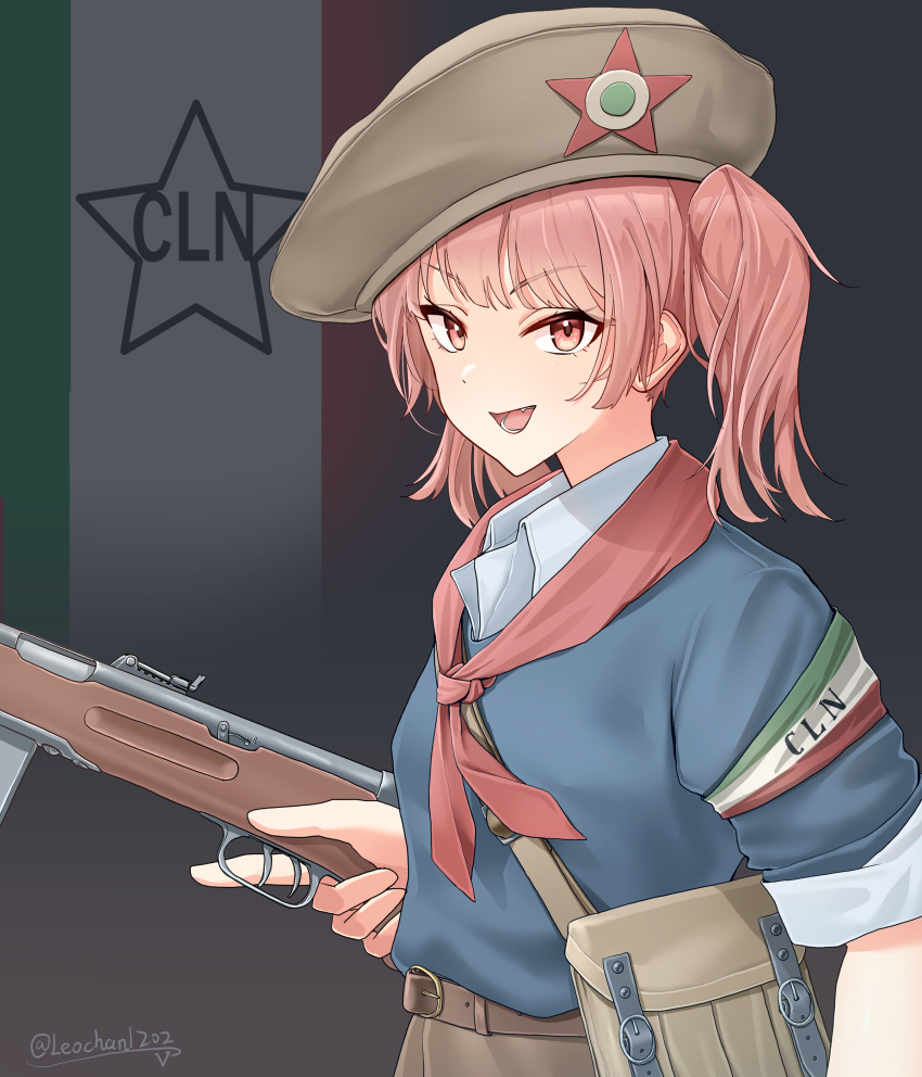 1girl, absurdres, ammunition_pouch, artist_name, belt, beretta_model_38, blue_shirt, blue_sweater