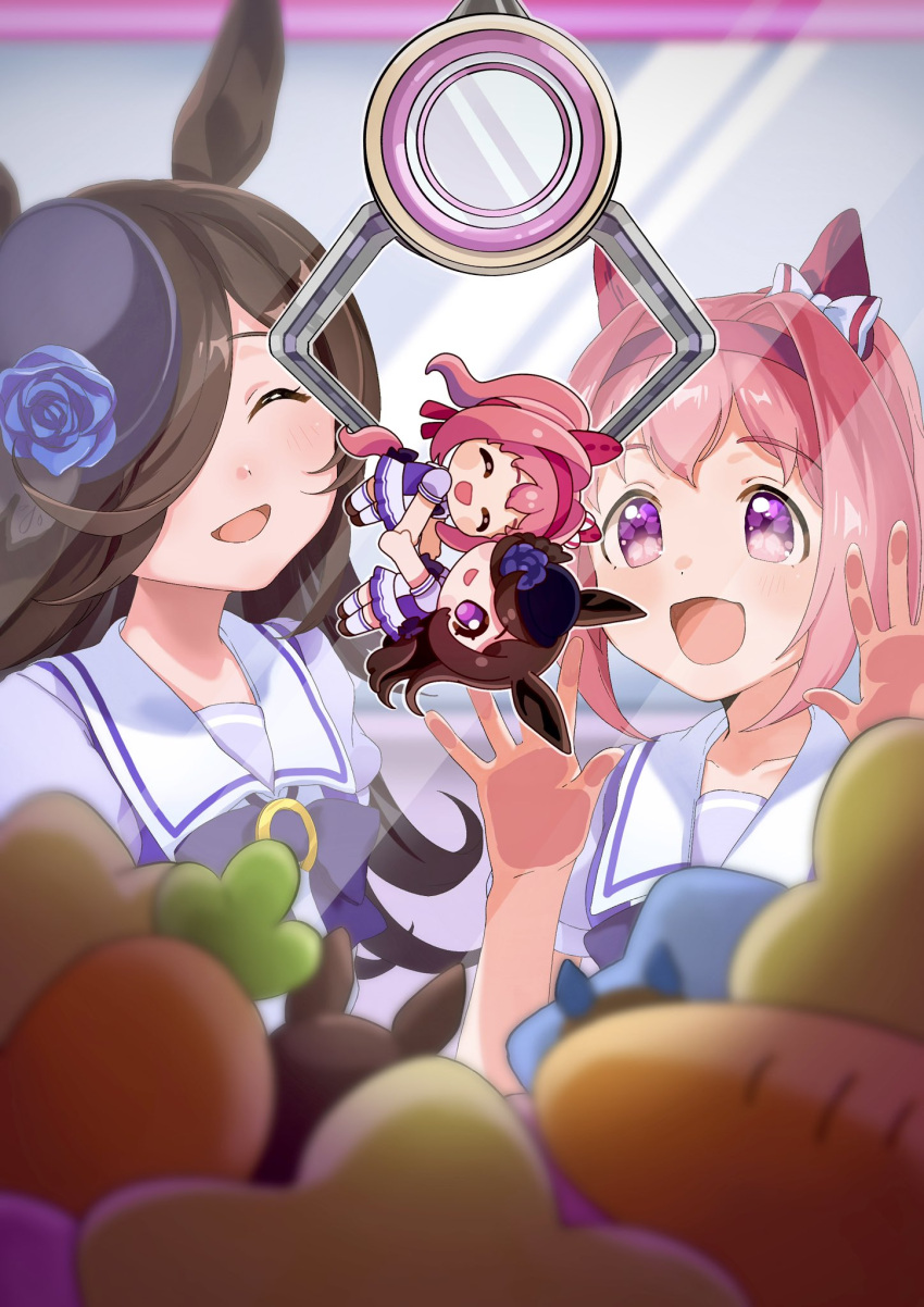 2girls, :d, ^_^, against_glass, animal_ears, blue_flower, blue_hat, blue_rose, blurry, blurry_foreground, blush, bow, brown_hair, closed_eyes, commentary, crane_game, depth_of_field, ear_bow, fingerless_gloves, flower, flower-shaped_pupils, gloves, hair_over_one_eye, hands_up, haru_urara_(umamusume), hat, hat_flower, highres, horse_ears, horse_girl, jacket, long_hair, moko39_takasora, multiple_girls, pink_hair, puffy_short_sleeves, puffy_sleeves, purple_bow, purple_shirt, red_gloves, rice_shower_(umamusume), rose, school_uniform, shirt, short_sleeves, smile, symbol-only_commentary, symbol-shaped_pupils, tilted_headwear, tracen_school_uniform, umamusume, violet_eyes, white_bow, white_jacket