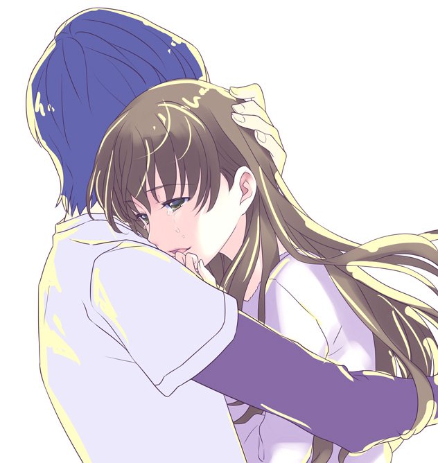 1boy, 1girl, akanegasaki_sora, blue_hair, brown_eyes, brown_hair, crying, crying_with_eyes_open
