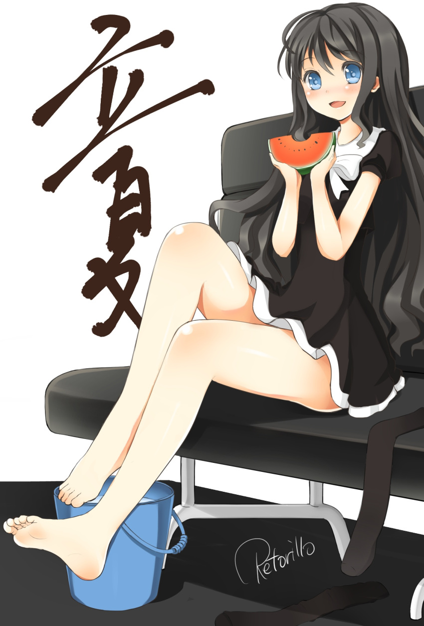 bad_id, barefoot, black_hair, blue_eyes, blush, bucket, dress, feet