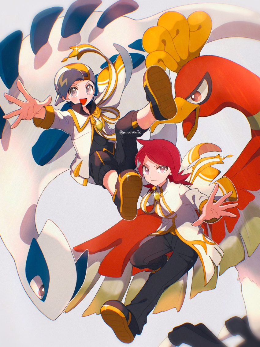 2boys, backwards_hat, black_hair, capri_pants, closed_mouth, ethan_(arc_suit)_(pokemon), ethan_(pokemon), hat