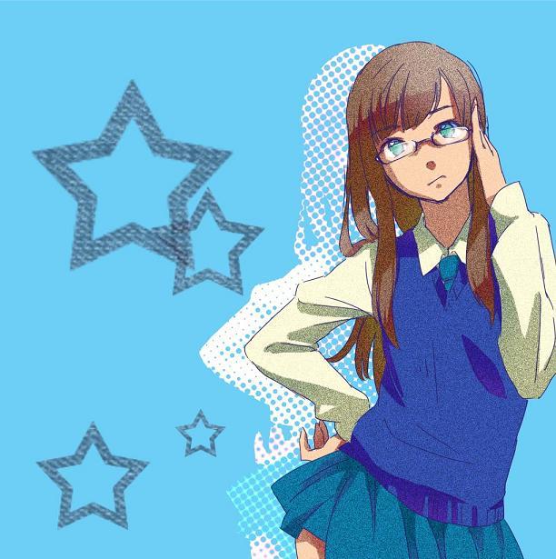 bespectacled, blue_eyes, brown_hair, face, frown, fukuro_kouji, glasses, hand_on_hip