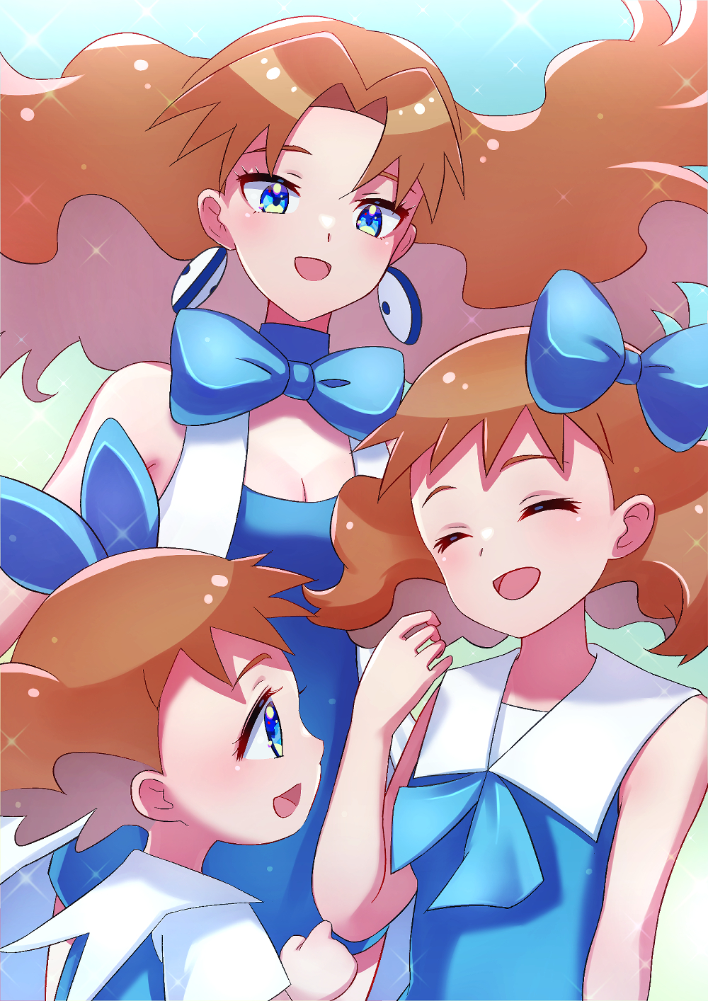 age_comparison, age_difference, age_progression, blue_bow, blue_dress, blue_eyes, bow, brown_hair