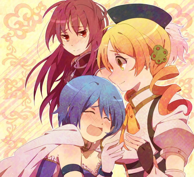 blonde_hair, blue_hair, blush, bow, cape, detached_sleeves, drill_hair, enoki_nai, fingerless_gloves, gloves, hair_bow, hair_ornament, hairclip, hat, long_hair, magical_girl, mahou_shoujo_madoka_magica, miki_sayaka, multiple_girls, red_eyes, red_hair, redhead, ribbon, sakura_kyouko, short_hair, smile, tears, tomoe_mami, yellow_eyes
