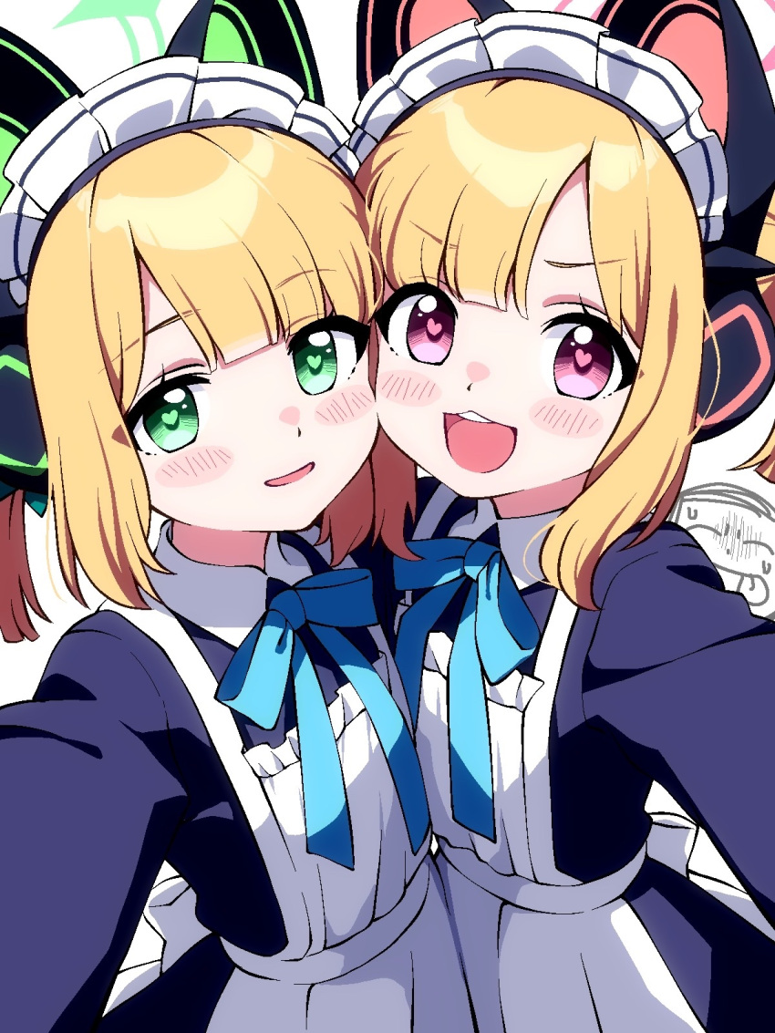 2girls, :3, :d, :p, animal_ear_headphones, animal_ears, apron, back_bow