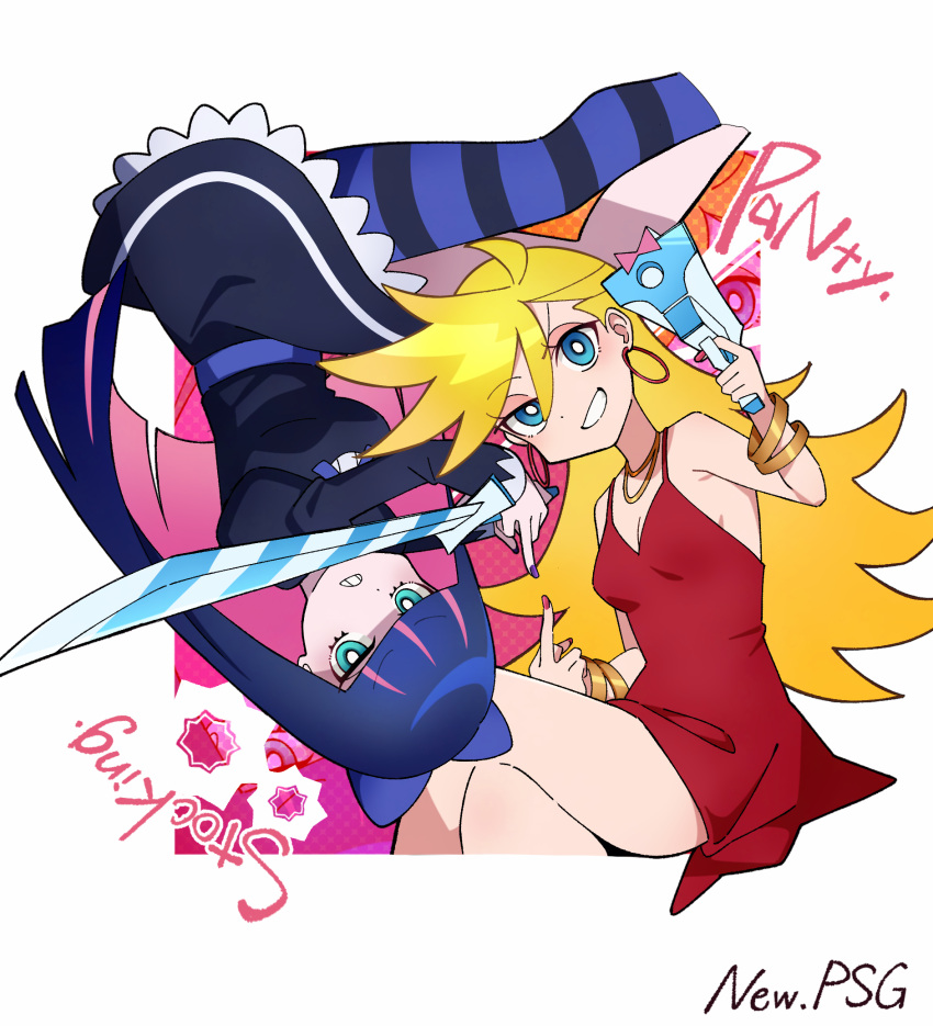 2girls, black_dress, blonde_hair, blue_eyes, bow, colored_inner_hair, dress, earrings