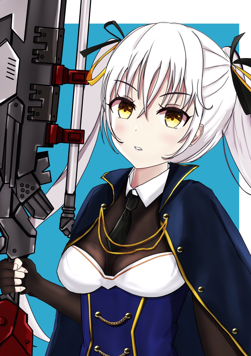 1girl, arm_at_side, assault_lily, black_necktie, black_ribbon, blue_background, blue_cloak, blue_shirt, blush, bodystocking, border, breasts, brown_gloves, cloak, collared_shirt, commentary_request, crossed_bangs, ekakisyun, elbow_gloves, fingerless_gloves, gloves, hair_between_eyes, hair_ribbon, hand_up, highres, hishida_haru, holding, holding_weapon, looking_at_viewer, medium_breasts, necktie, odaiba_girls_high_school_uniform, official_alternate_hair_color, outside_border, parted_lips, ribbon, school_uniform, shirt, short_necktie, simple_background, solo, twintails, two-tone_shirt, upper_body, weapon, white_border, white_hair, white_shirt, yellow_eyes, yellow_ribbon
