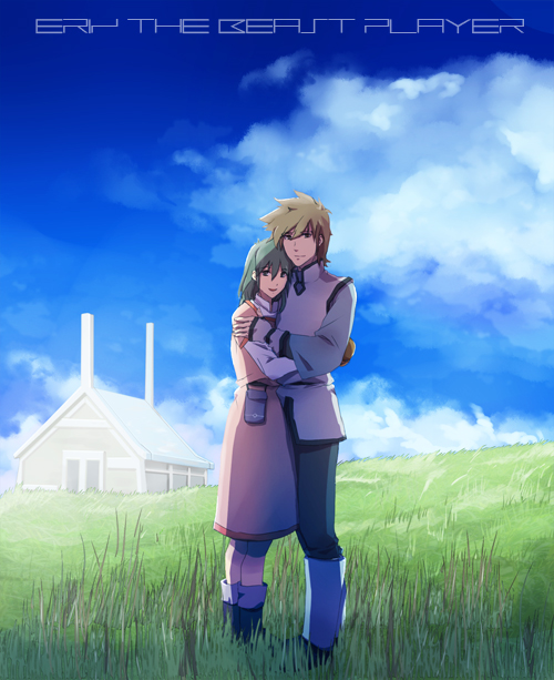 1girl, boots, brown_hair, cloudy_sky, couple, dress, erin, gloves