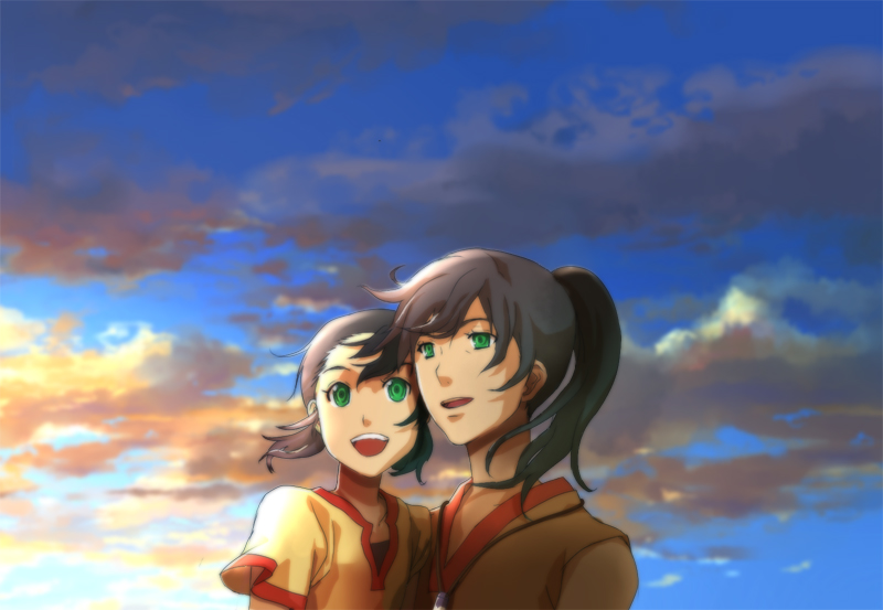 age_difference, cloudy_sky, erin, family, green_eyes, green_hair, happy, jewelry, katagiri, kemono_no_souja_erin, mother_and_daughter, multiple_girls, necklace, open_mouth, ponytail, short_hair, sky, smile, soyon, sunset