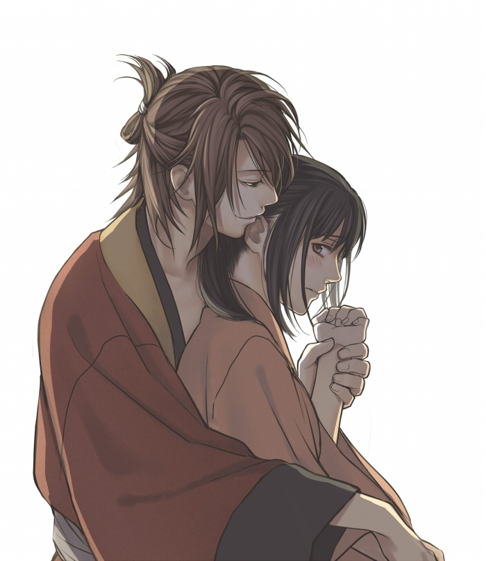 1girl, black_hair, brown_hair, couple, hakuouki_shinsengumi_kitan, japanese_clothes, long_hair, minato_(robin)