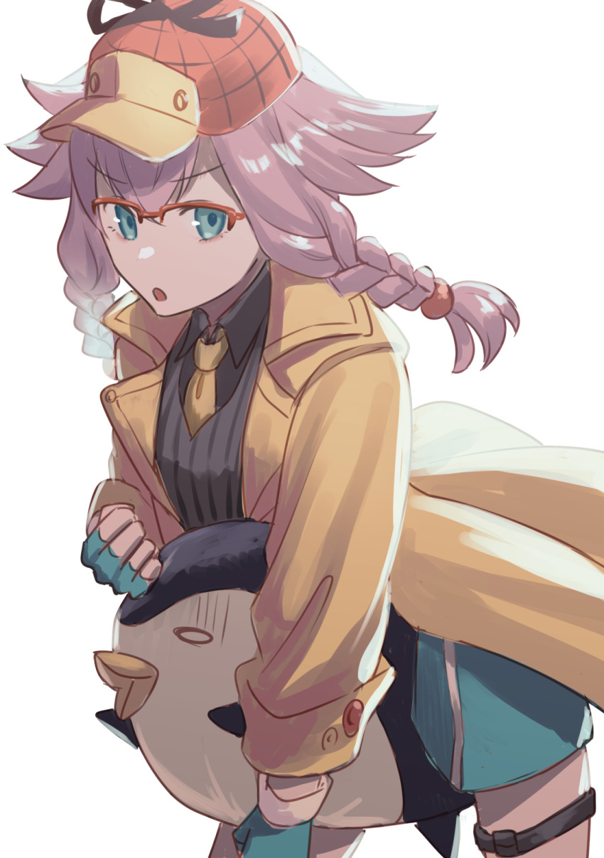 1girl, aqua_eyes, aqua_gloves, arknights, black_shirt, black_sweater_vest, coat, collared_shirt, commentary_request, cowboy_shot, fingerless_gloves, gloves, hair_ears, hat, highres, holding, holding_stuffed_toy, lapels, long_sleeves, looking_at_viewer, may_(arknights), may_(elite_ii)_(arknights), medium_hair, necktie, open_clothes, open_coat, open_mouth, orange_hat, partial_commentary, peaked_cap, pink_hair, shirt, shumizoku, simple_background, solo, standing, stuffed_animal, stuffed_penguin, stuffed_toy, sweater_vest, thigh_strap, white_background, yellow_coat, yellow_necktie