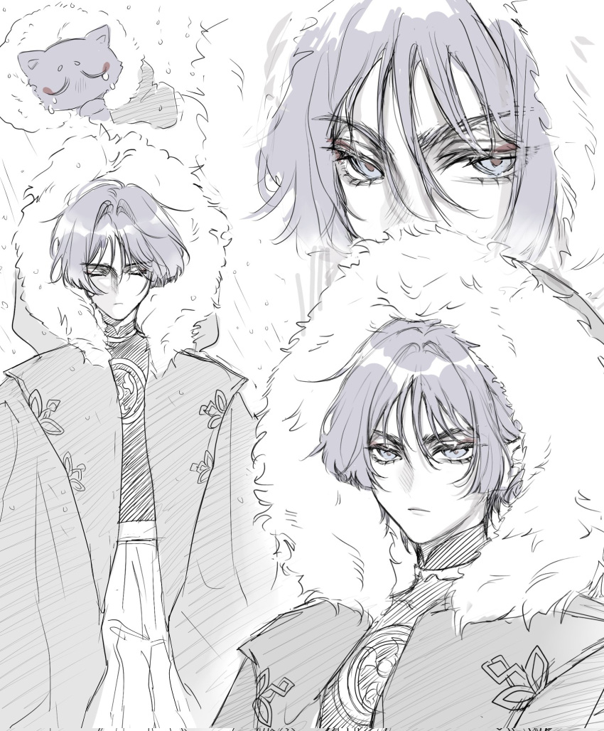 1boy, animalization, bishounen, blunt_ends, bodysuit, closed_eyes, closed_mouth, coat