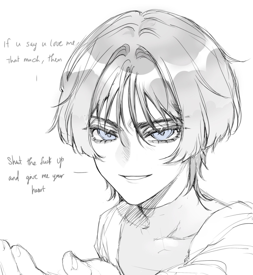 1boy, bishounen, blunt_ends, bodysuit, choppy_bangs, covered_collarbone, english_text, eyelashes