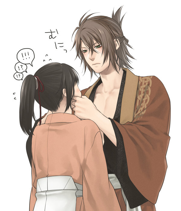 1girl, asa_no_ha_(pattern), bad_id, black_hair, brown_hair, cheek_pinch, cheek_pinching, cheek_pull