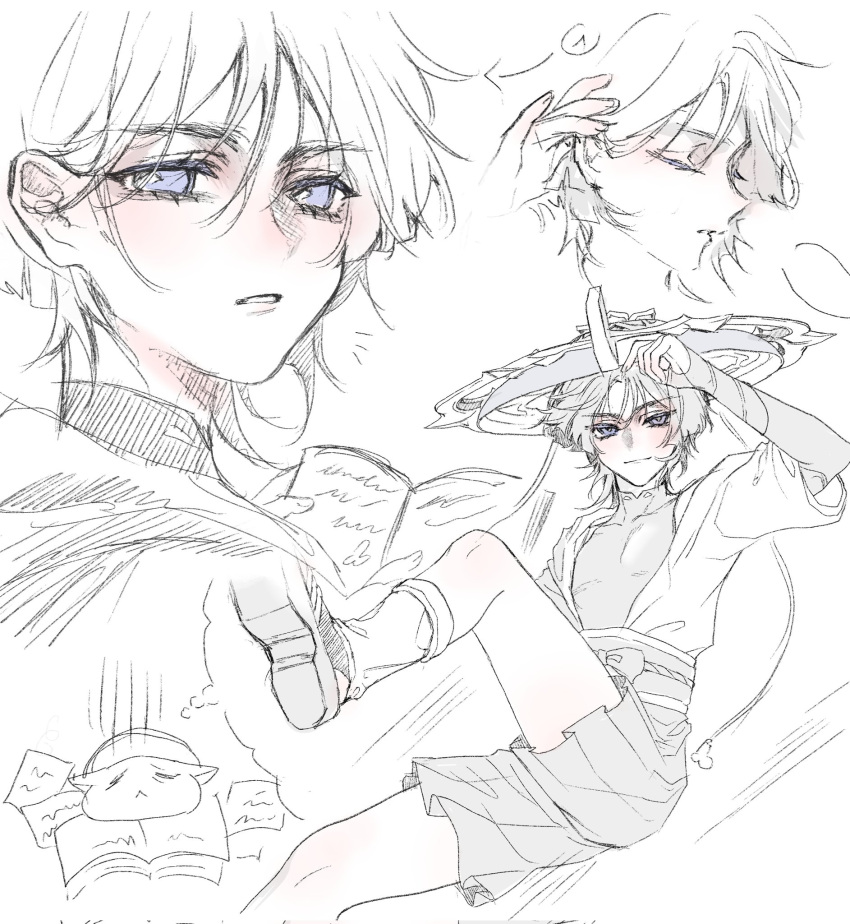 1boy, armor, artist_self-insert, belt, bishounen, blunt_ends, bodysuit, book, bow, bridal_gauntlets, choppy_bangs, closed_eyes, closed_mouth, covered_collarbone, facing_to_the_side, fingernails, genshin_impact, hacwss, hair_behind_ear, hair_pulled_back, hakama, hakama_shorts, hand_up, hat, highres, japanese_armor, japanese_clothes, jingasa, kimono, kote, leg_up, leg_warmers, leggings, looking_at_viewer, looking_back, male_focus, mandarin_collar, multiple_views, notice_lines, open_book, open_clothes, open_kimono, paper, partially_colored, pectorals, pleated_shorts, sandals, sash, scaramouche_(genshin_impact), short_sleeves, shorts, shoulder_peek, sketch, smile, stirrup_legwear, toeless_legwear, toned, toned_male, turning_head, violet_eyes, wanderer_(genshin_impact), white_background, zouri