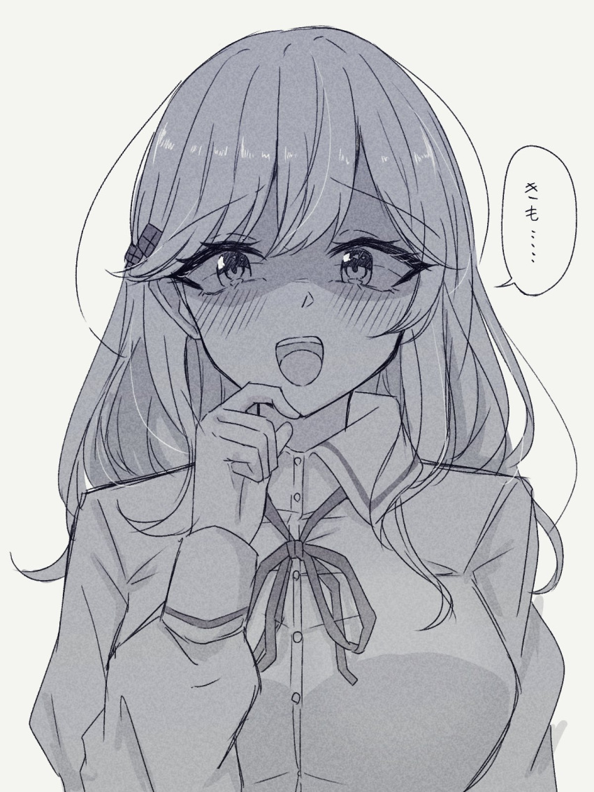 1girl, aoie_(aoiestory0), greyscale, hair_ornament, highres, long_hair, monochrome, school_uniform